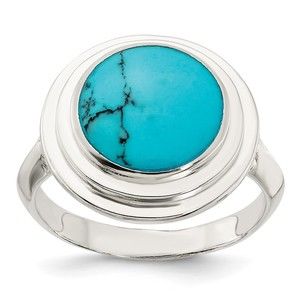 925 Sterling Silver Polished Round Imitation Turquoise Ring